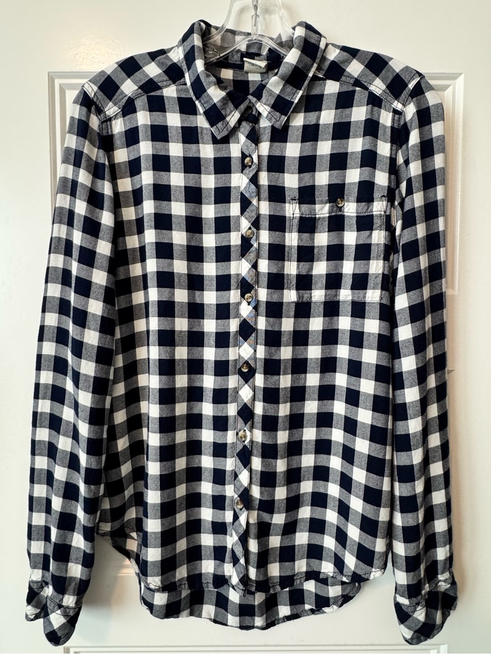 Roxy Navy White Buffalo Plaid Button Down Shirt Size M Gingham